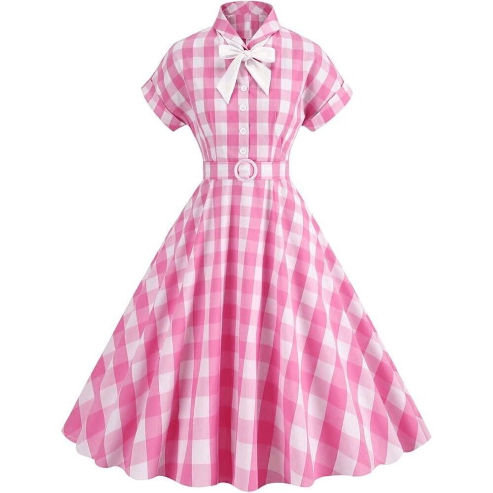💗 NEW Pinup Retro Rockabilly 1950s Collar Bow Pink Plaid Tea Dress w/Belt XXL